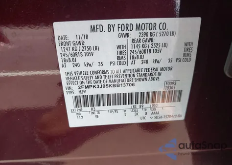 2019 Ford Edge Sel из США, поврежденный, VIN 2FMPK3J95KBB13706